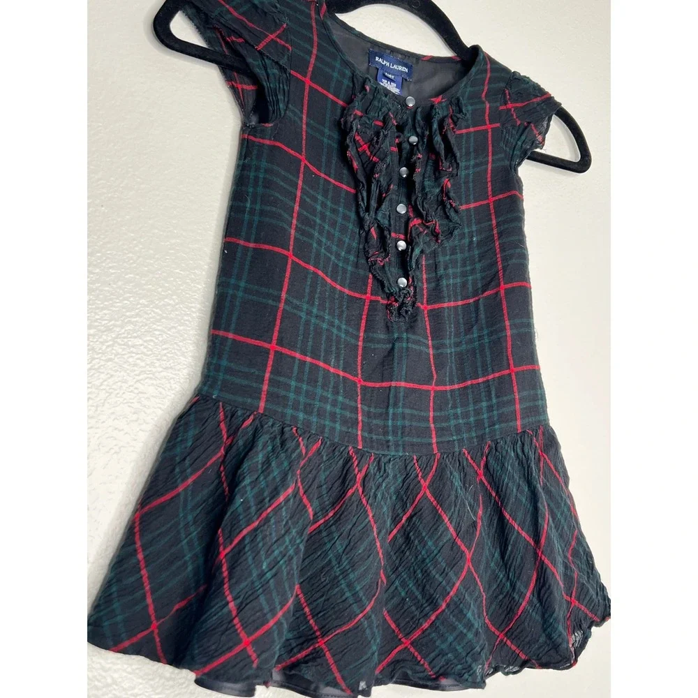 Ralph Lauren Girls Plaid Ruffle Dress Green Red Navy Blue 4T Drop Waist Holiday